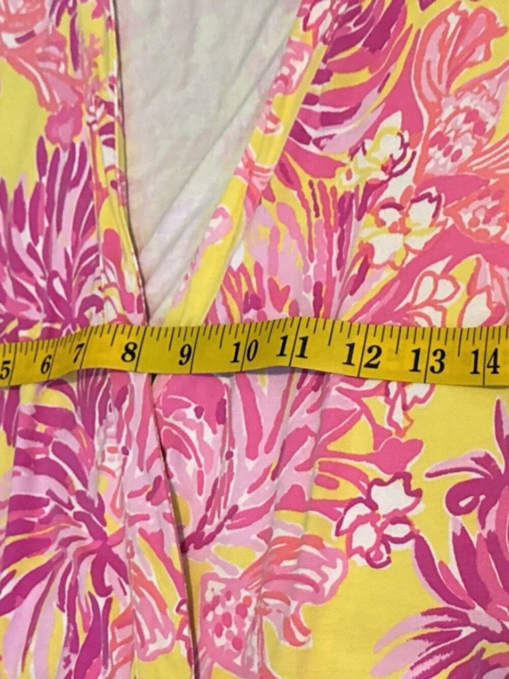 Lilly Pulitzer Folly Floral Wrap Dress Womens Large Yellow Pink Soft Knit Ruffle - Picture 6 of 10